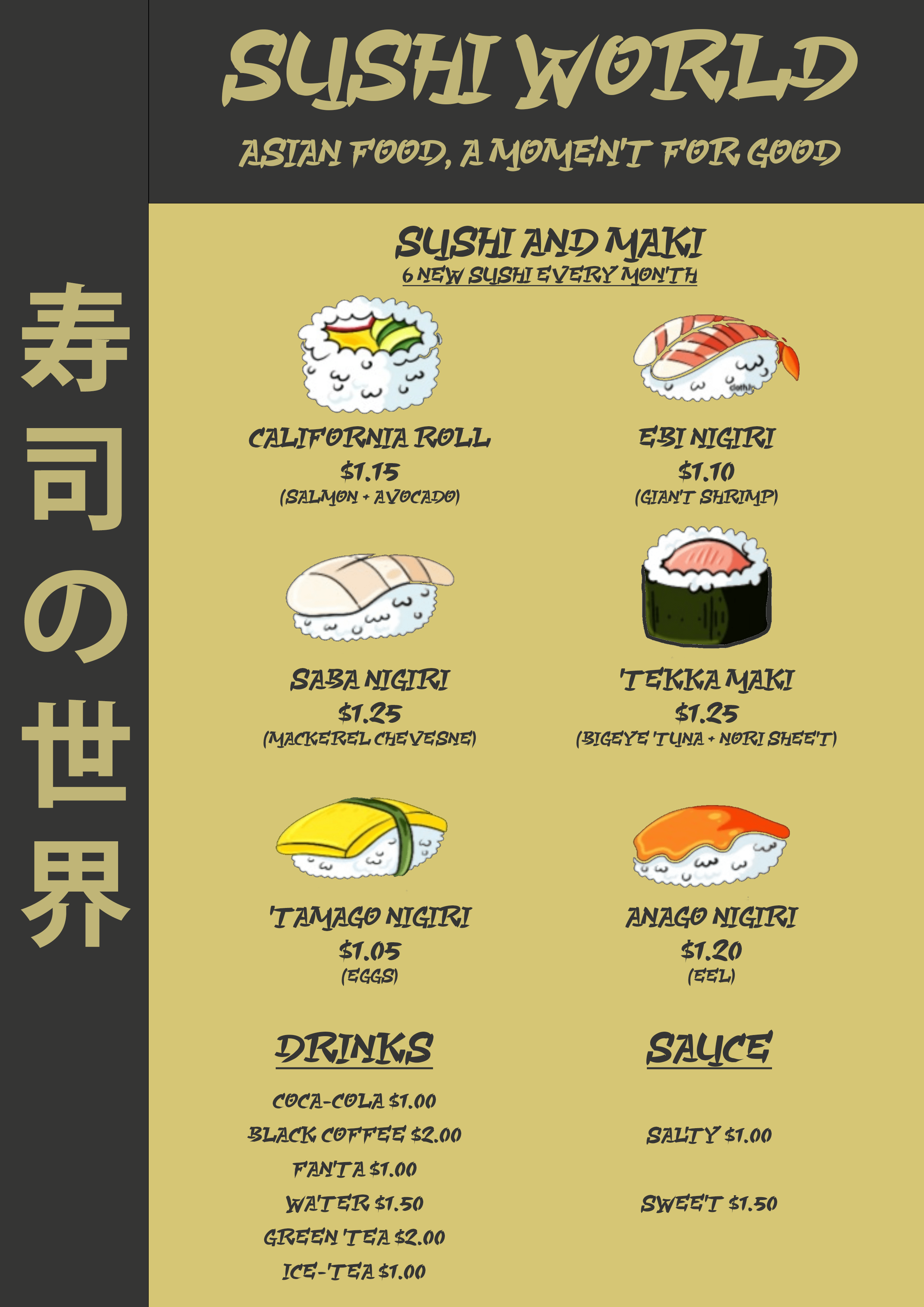 Menu du foodtruck fictif Sushi World créé par Rémi Parent