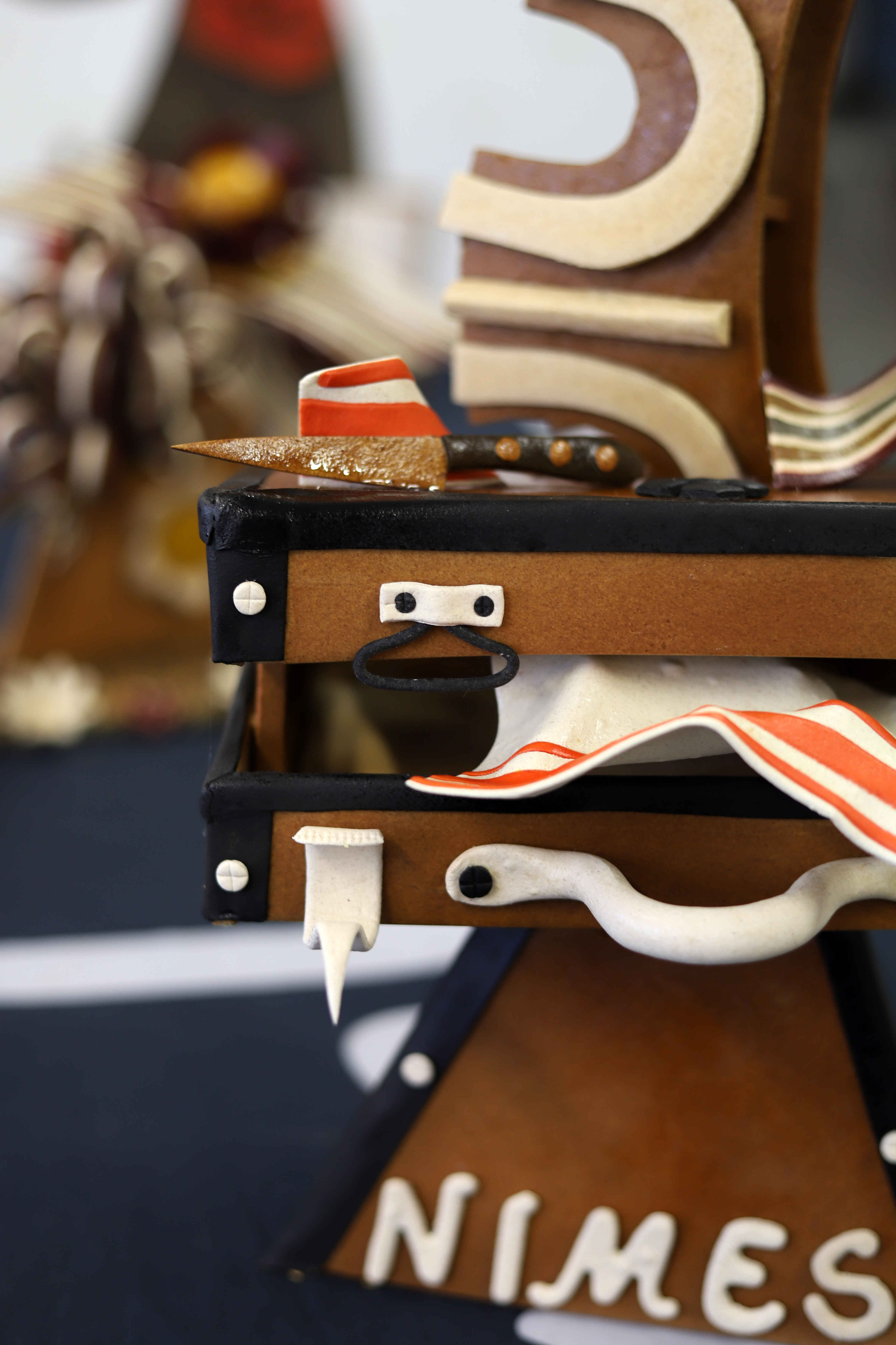 Photo au format portrait de face d'une valise en pâte à gateau de l'INBP de Rouen
